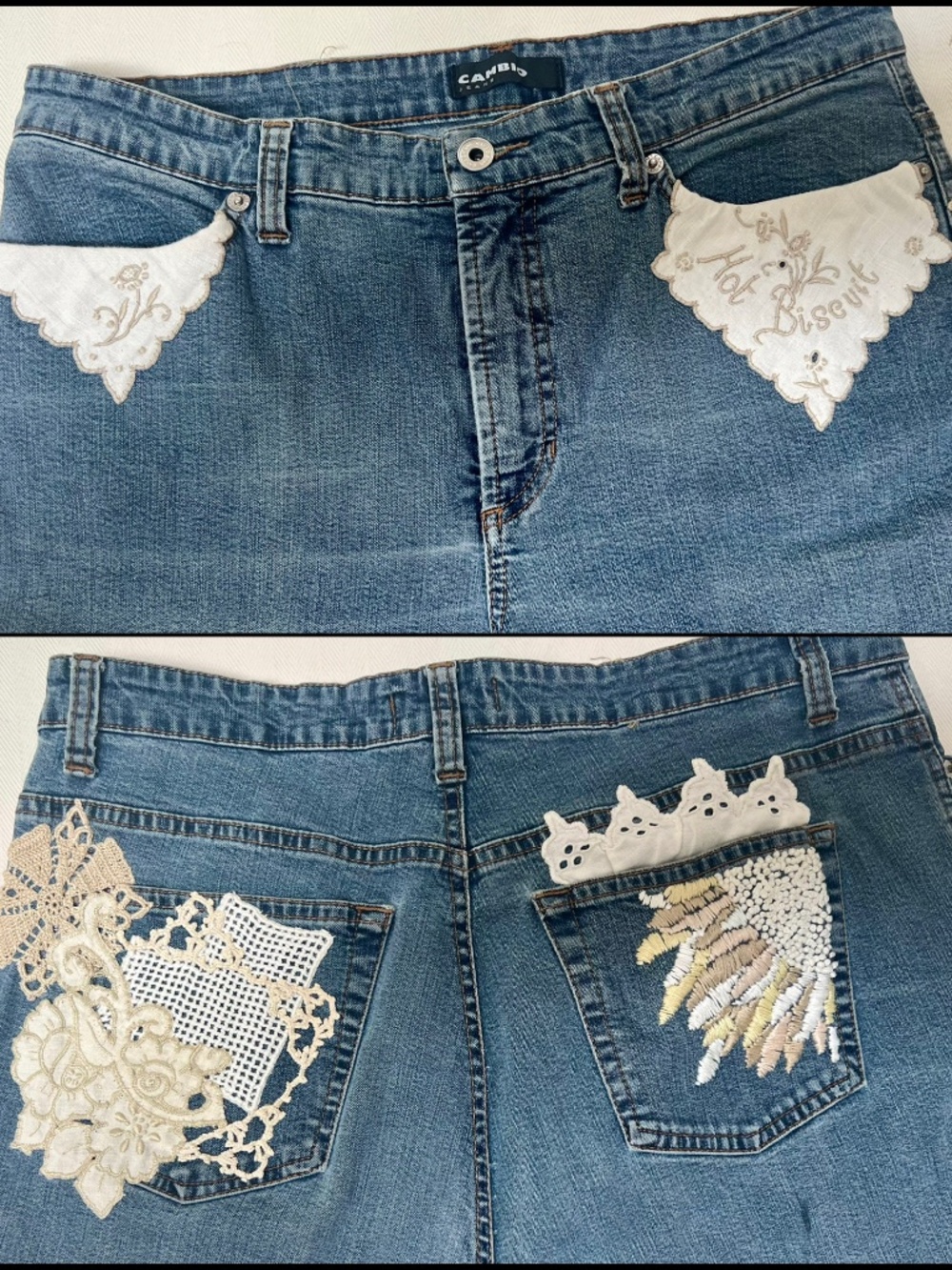 Jeans, Cambio Vintage Up Cycled, Appliquéd & Embroidered Fiber Art Sz.8/10